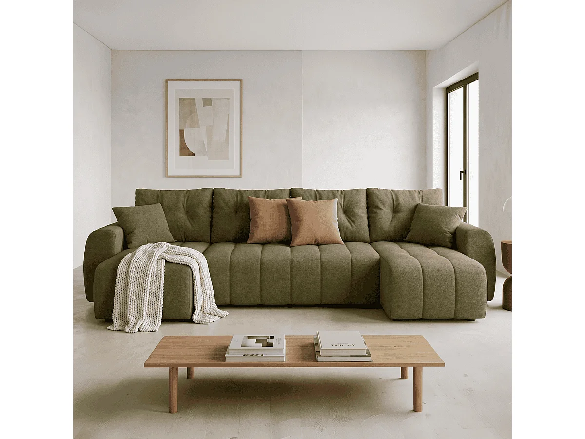 Canapé panoramique convertible 6 places en tissu chenille vert olive - Alba