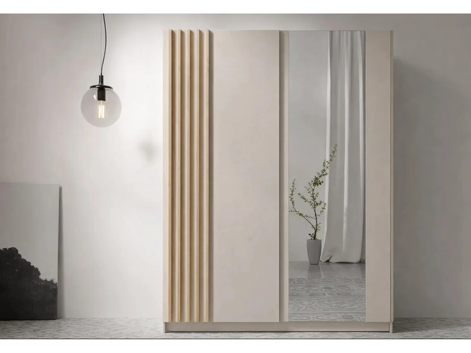 AX LIVING Armoire beige avec miroir 150 cm Beralto à lamelles