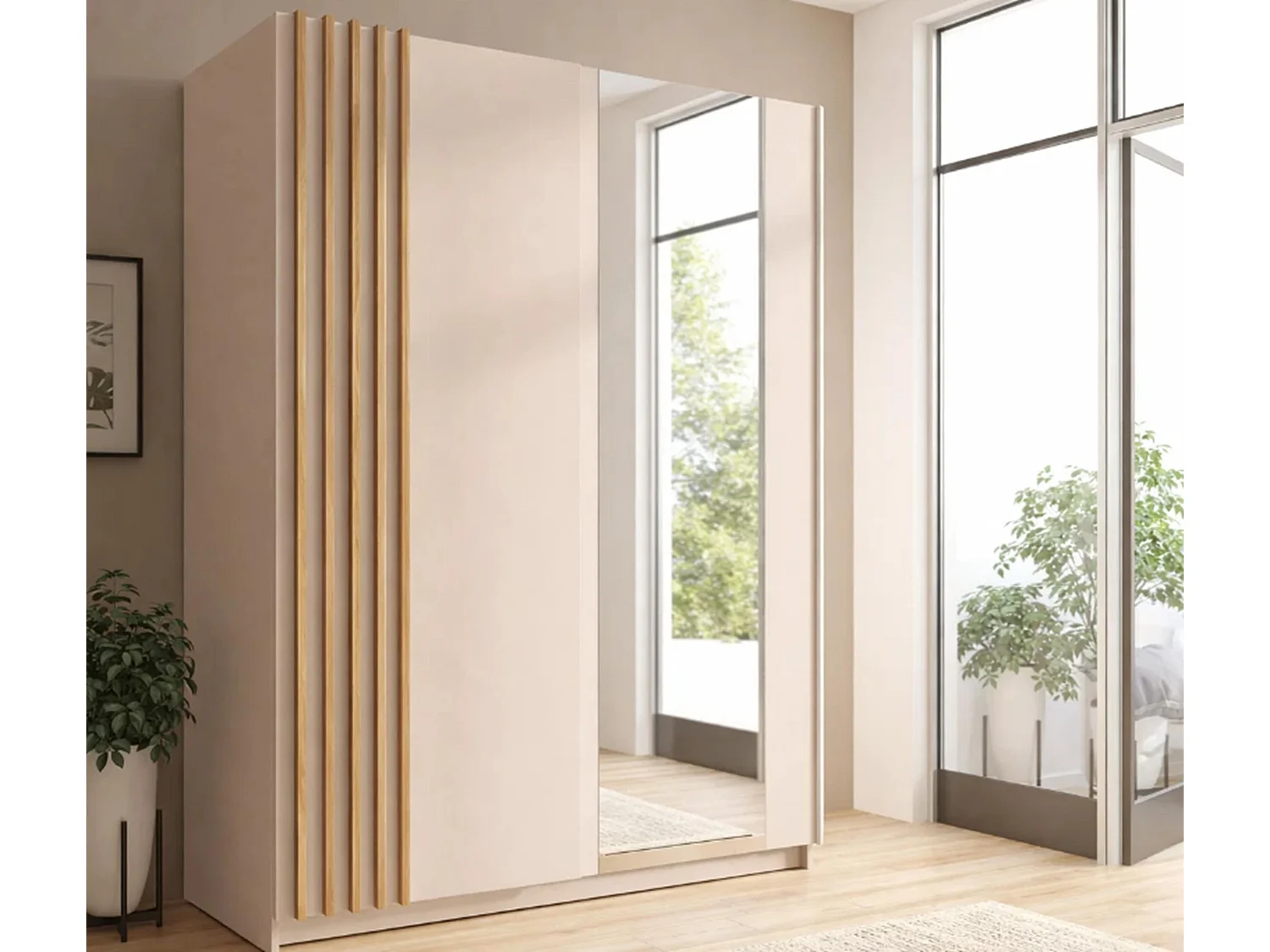AX LIVING Armoire beige avec miroir 150 cm Beralto à lamelles