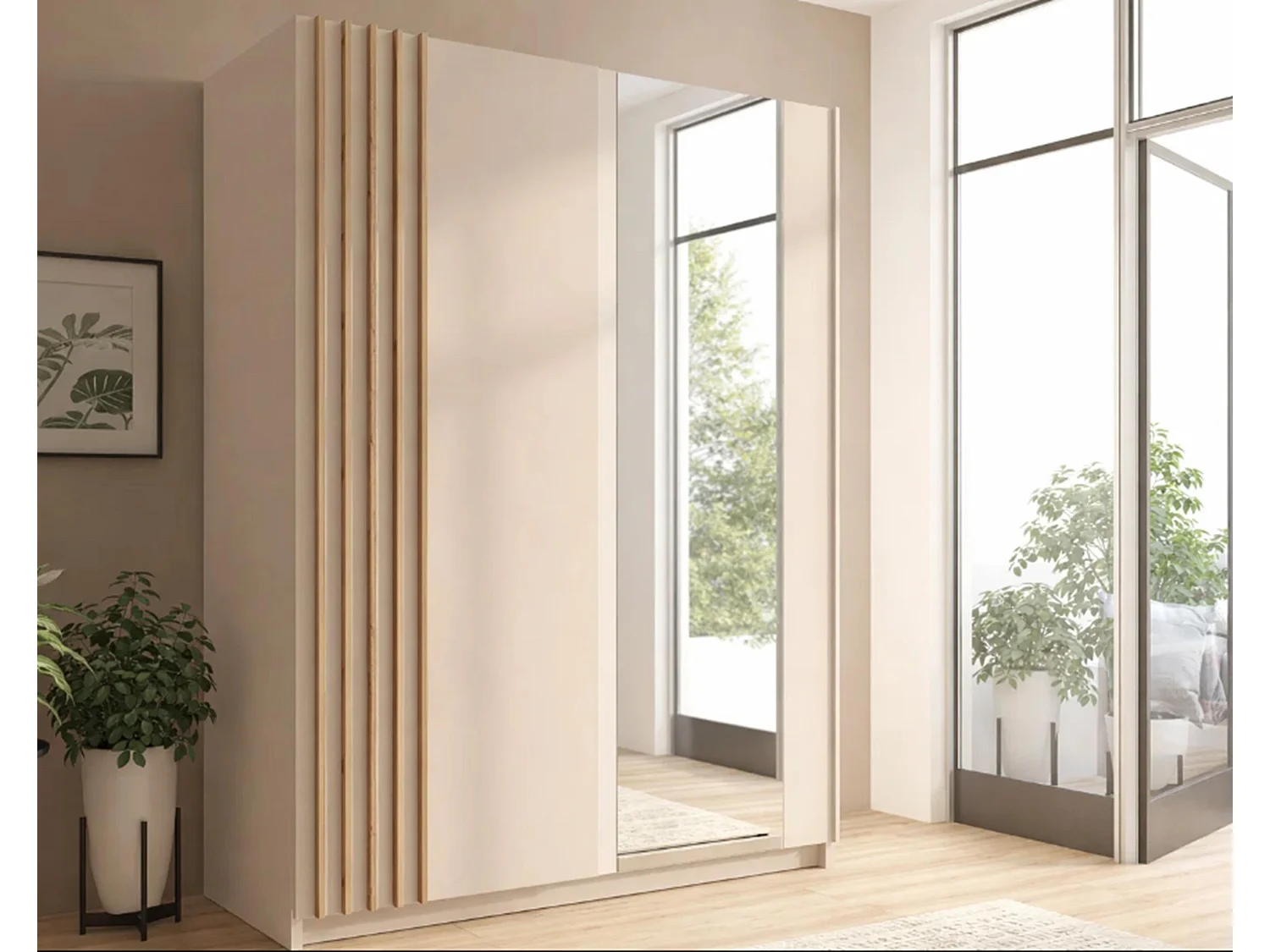 AX LIVING Armoire beige avec miroir 150 cm Beralto à lamelles