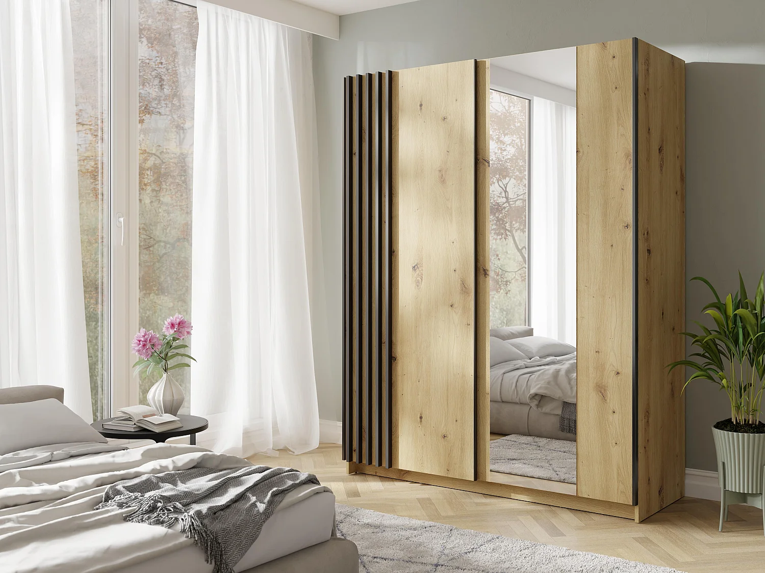 AX LIVING Armoire marron avec miroir 150 cm Beralto chêne artisan
