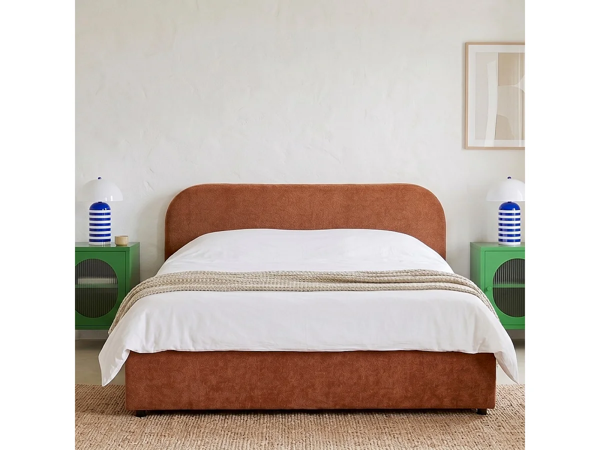Lit coffre adulte 160x200 cm avec tête de lit en tissu chenille terracotta - Cassis