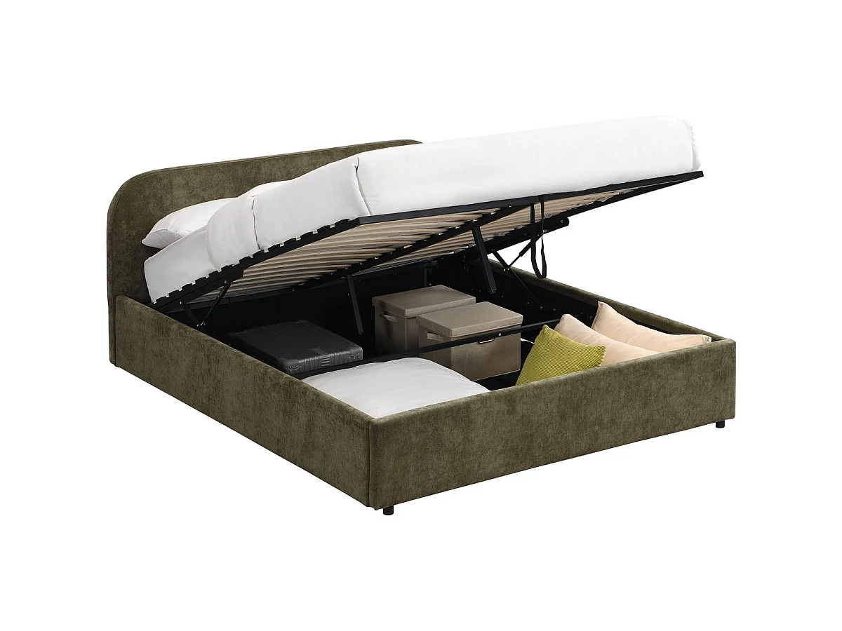 Lit coffre adulte 140x190 cm avec tête de lit en tissu chenille vert kaki - Cassis
