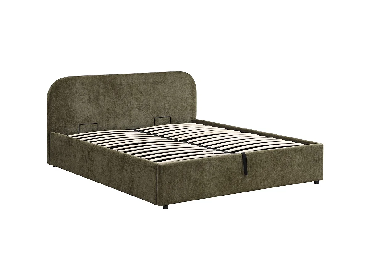 Lit coffre adulte 140x190 cm avec tête de lit en tissu chenille vert kaki - Cassis