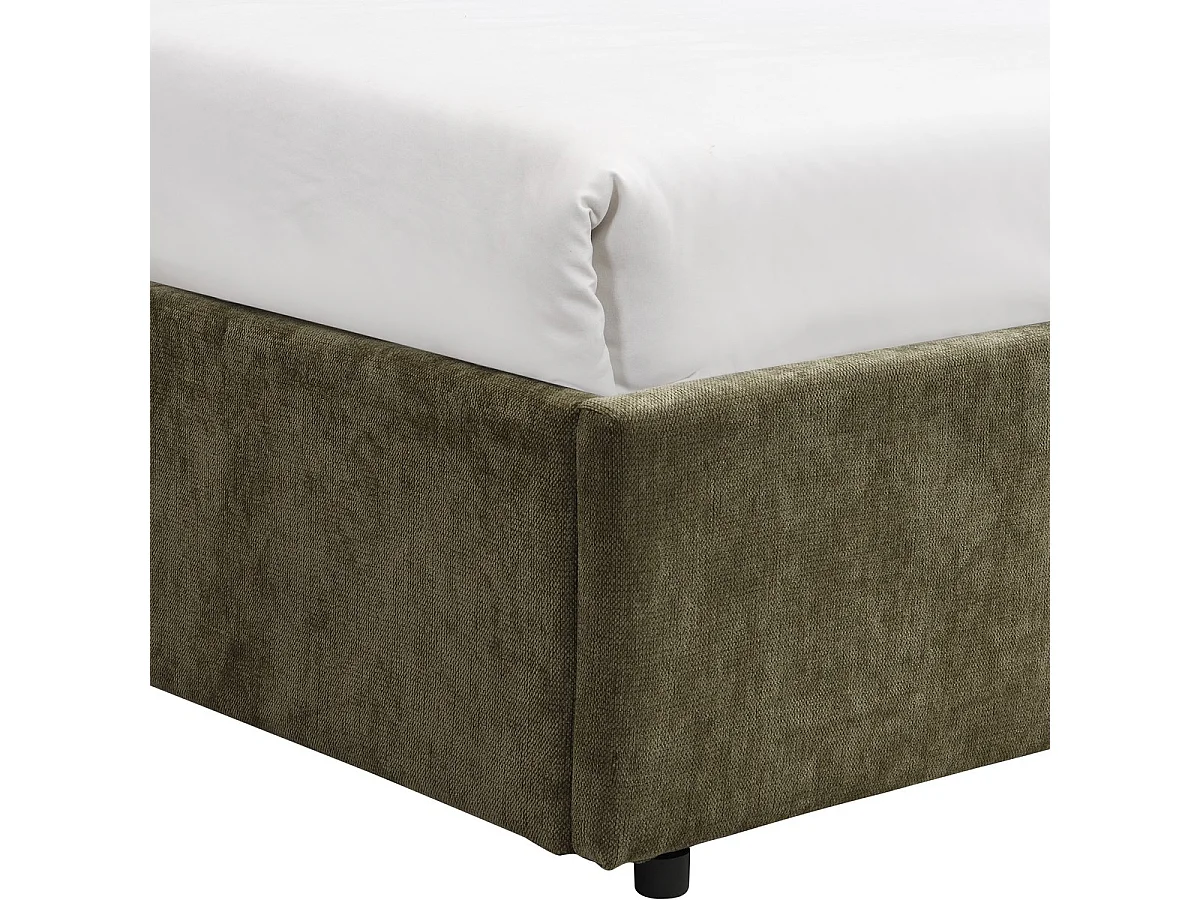 Lit coffre adulte 140x190 cm avec tête de lit en tissu chenille vert kaki - Cassis