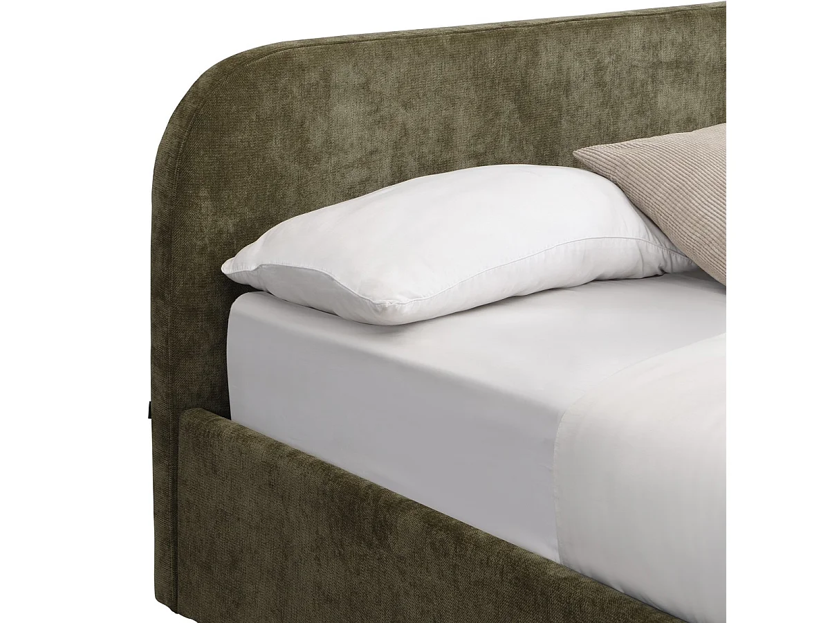 Lit coffre adulte 160x200 cm avec tête de lit en tissu chenille vert kaki - Cassis