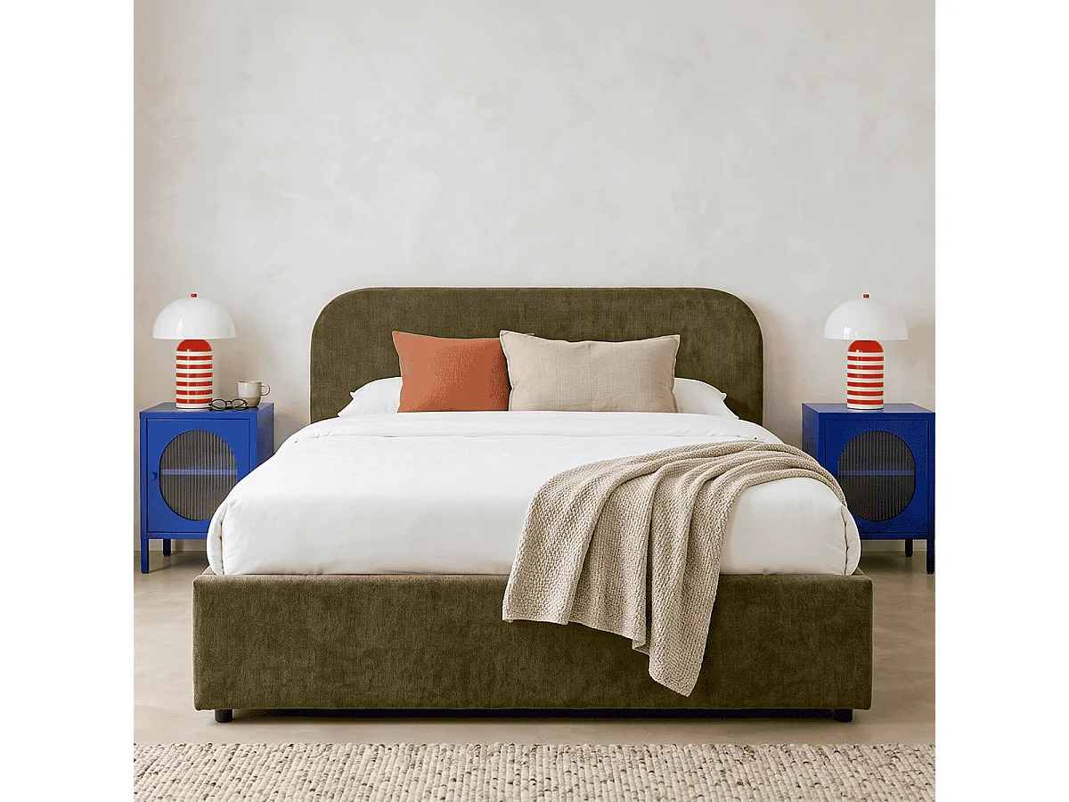 Lit coffre adulte 160x200 cm avec tête de lit en tissu chenille vert kaki - Cassis