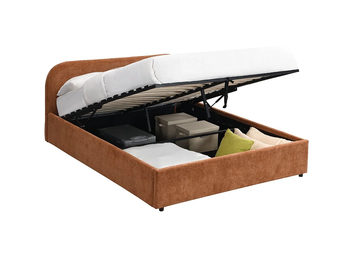 Lit coffre adulte 140x190 cm avec tête de lit en tissu chenille terracotta - Cassis