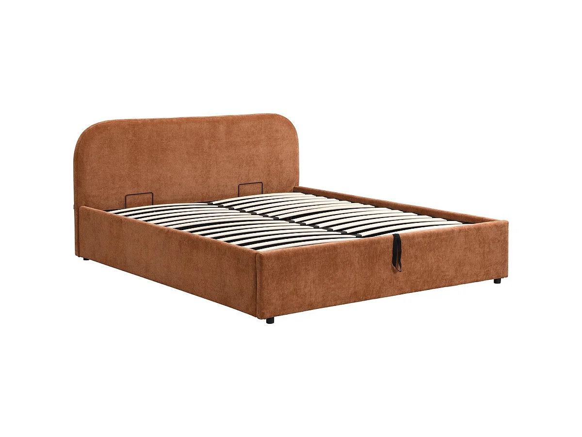 Lit coffre adulte 140x190 cm avec tête de lit en tissu chenille terracotta - Cassis
