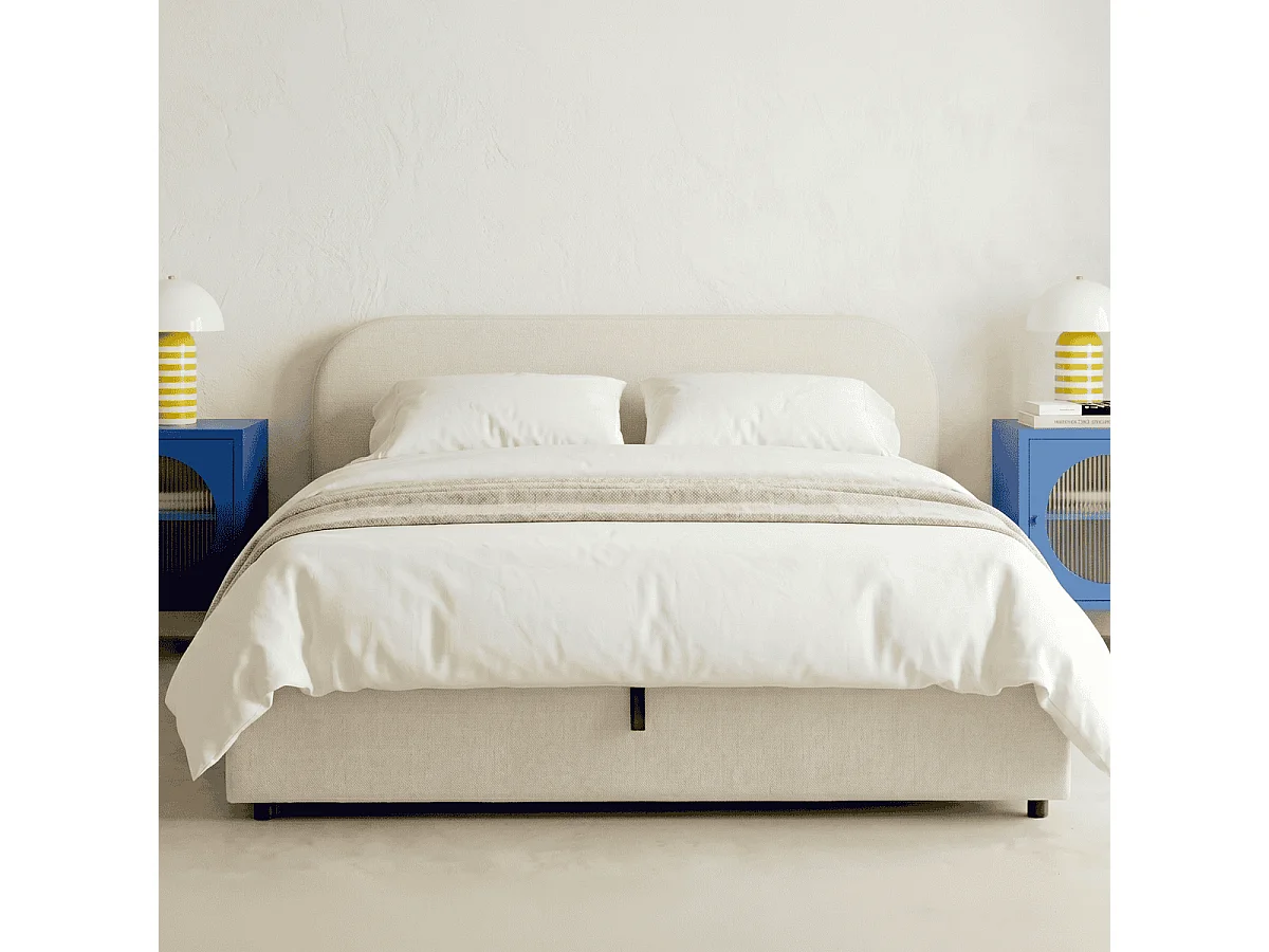 Lit coffre adulte 140x190 cm avec tête de lit en tissu chenille beige - Cassis