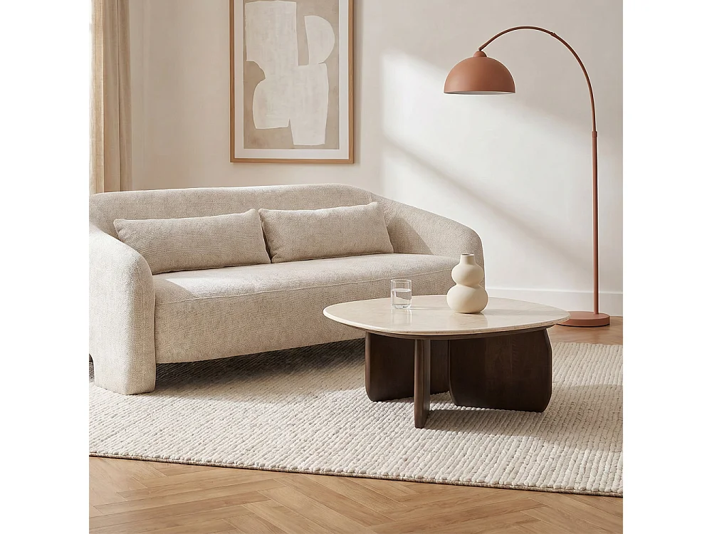 Dalila - Table basse en marbre et bois massif - Blanc ivoire
