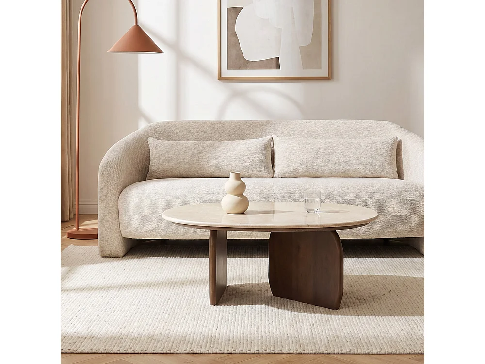 Dalila - Table basse en marbre et bois massif - Blanc ivoire