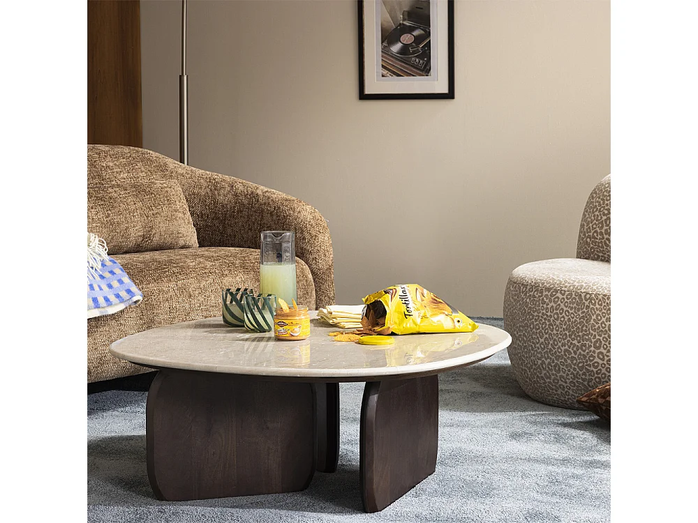 Dalila - Table basse en marbre et bois massif - Blanc ivoire
