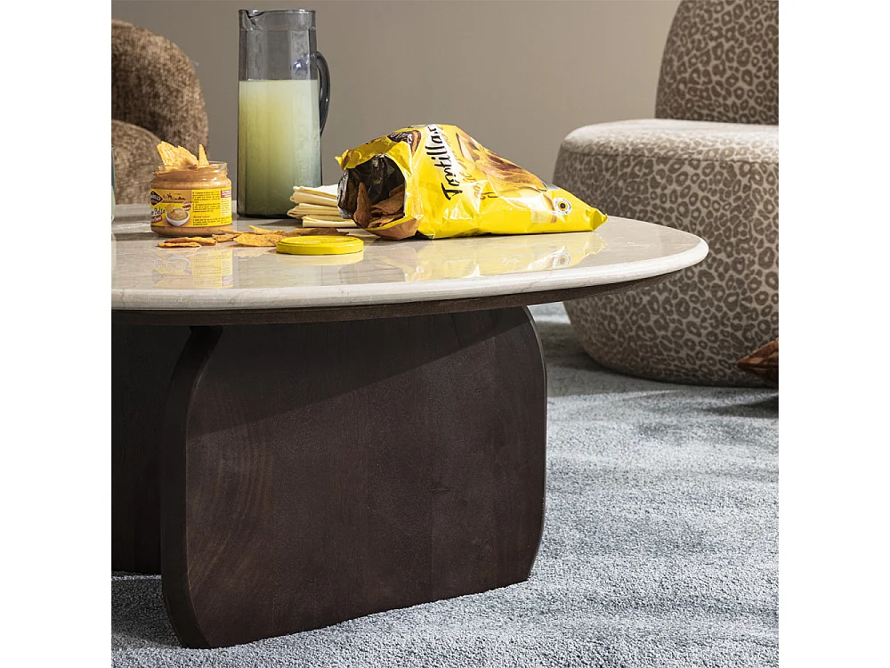 Dalila - Table basse en marbre et bois massif - Blanc ivoire