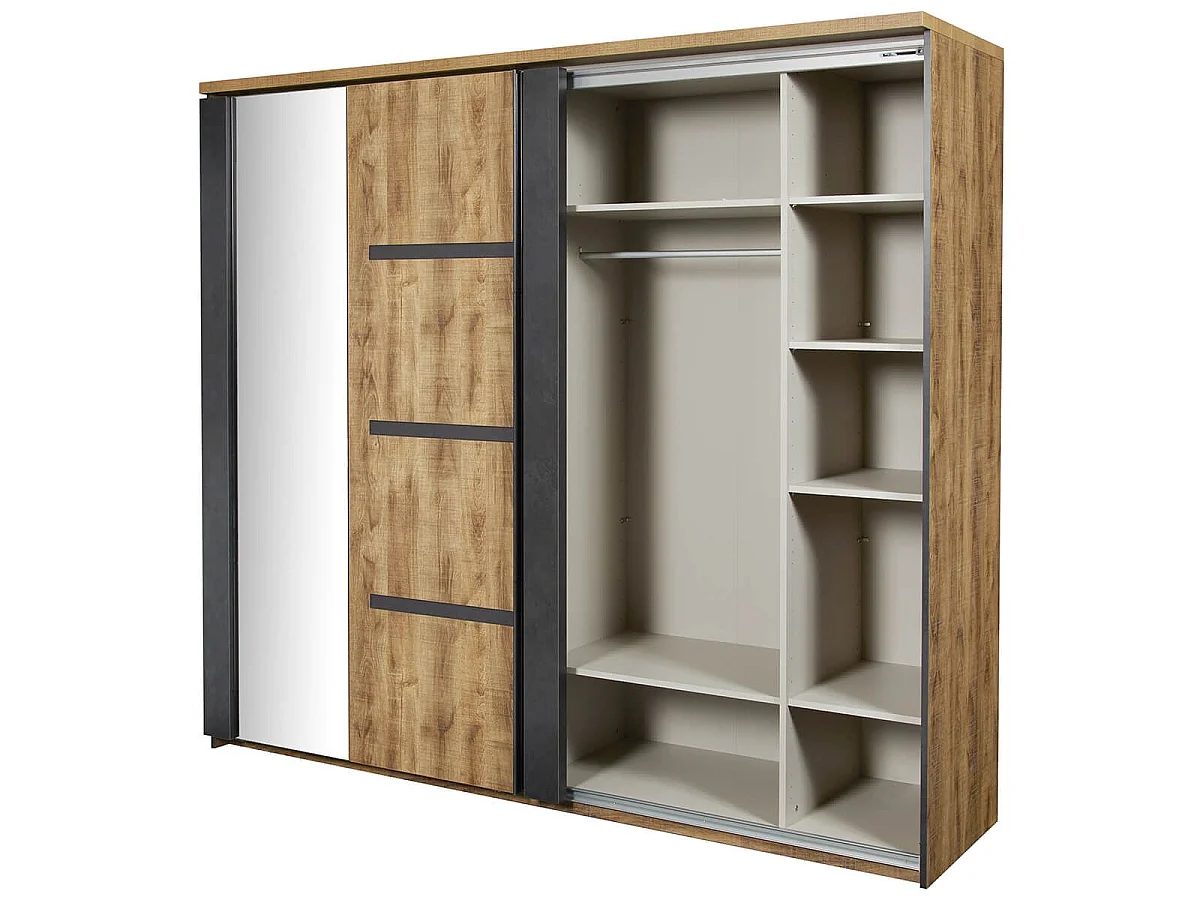Armoire portes coulissantes 217cm aspect chêne artisan et graphite - ANDES
