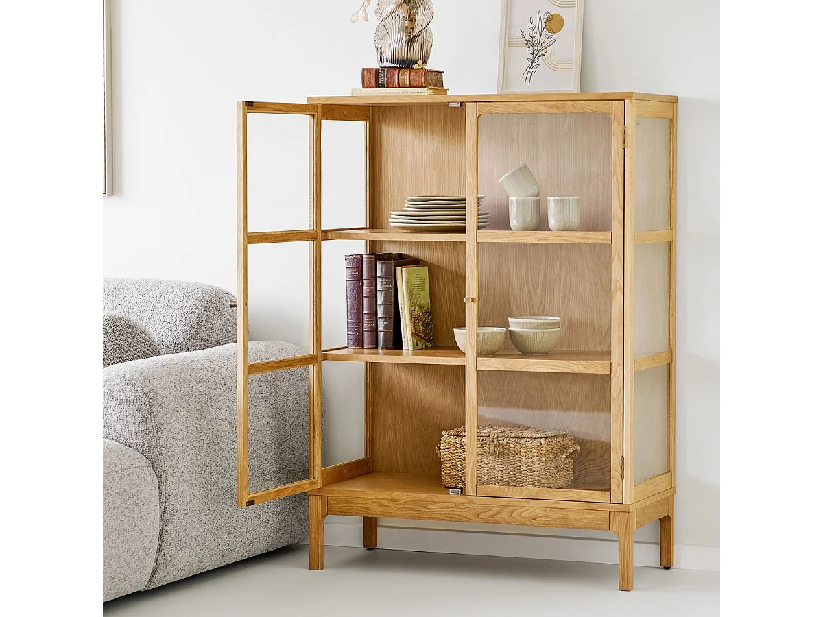 Meuble de rangement 2 portes vitrées en chêne et MDF placage chêne - CACERES