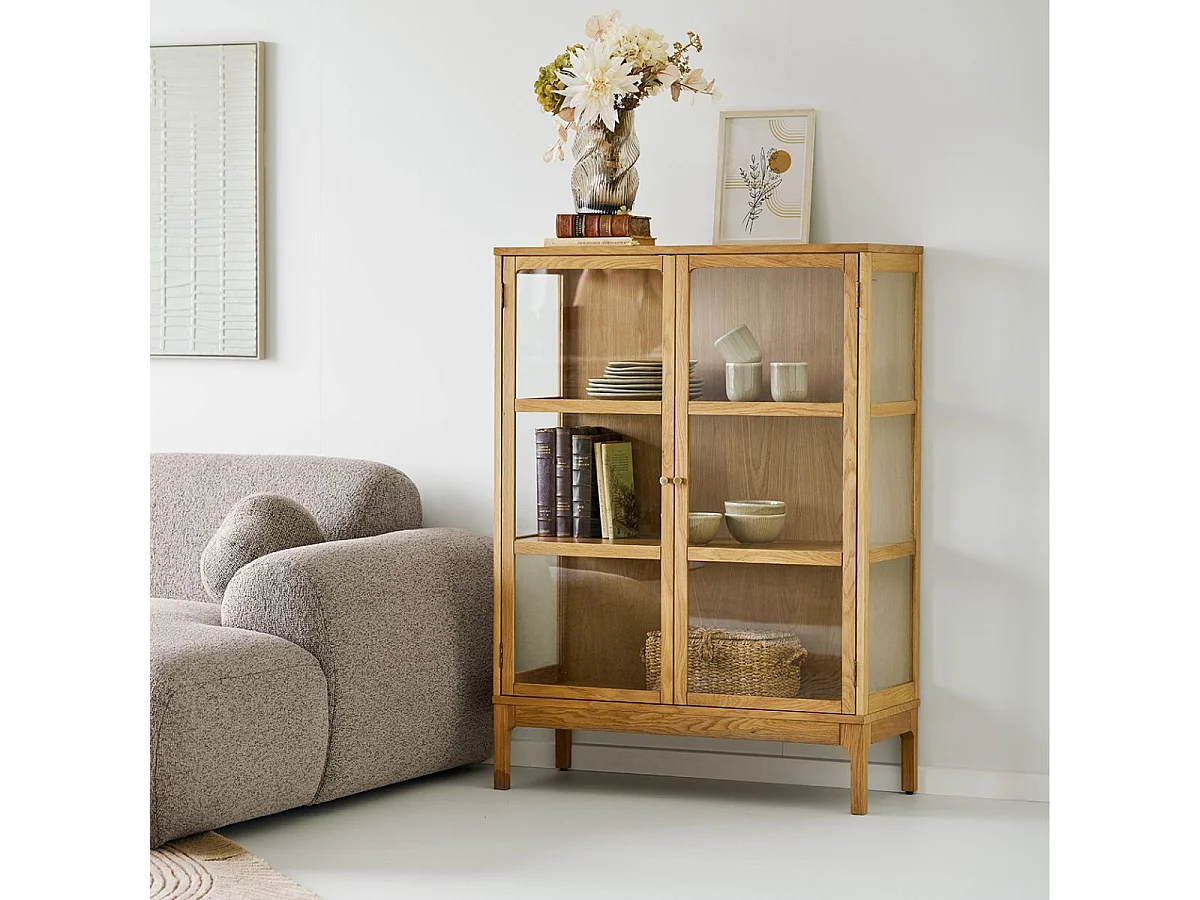 Meuble de rangement 2 portes vitrées en chêne et MDF placage chêne - CACERES