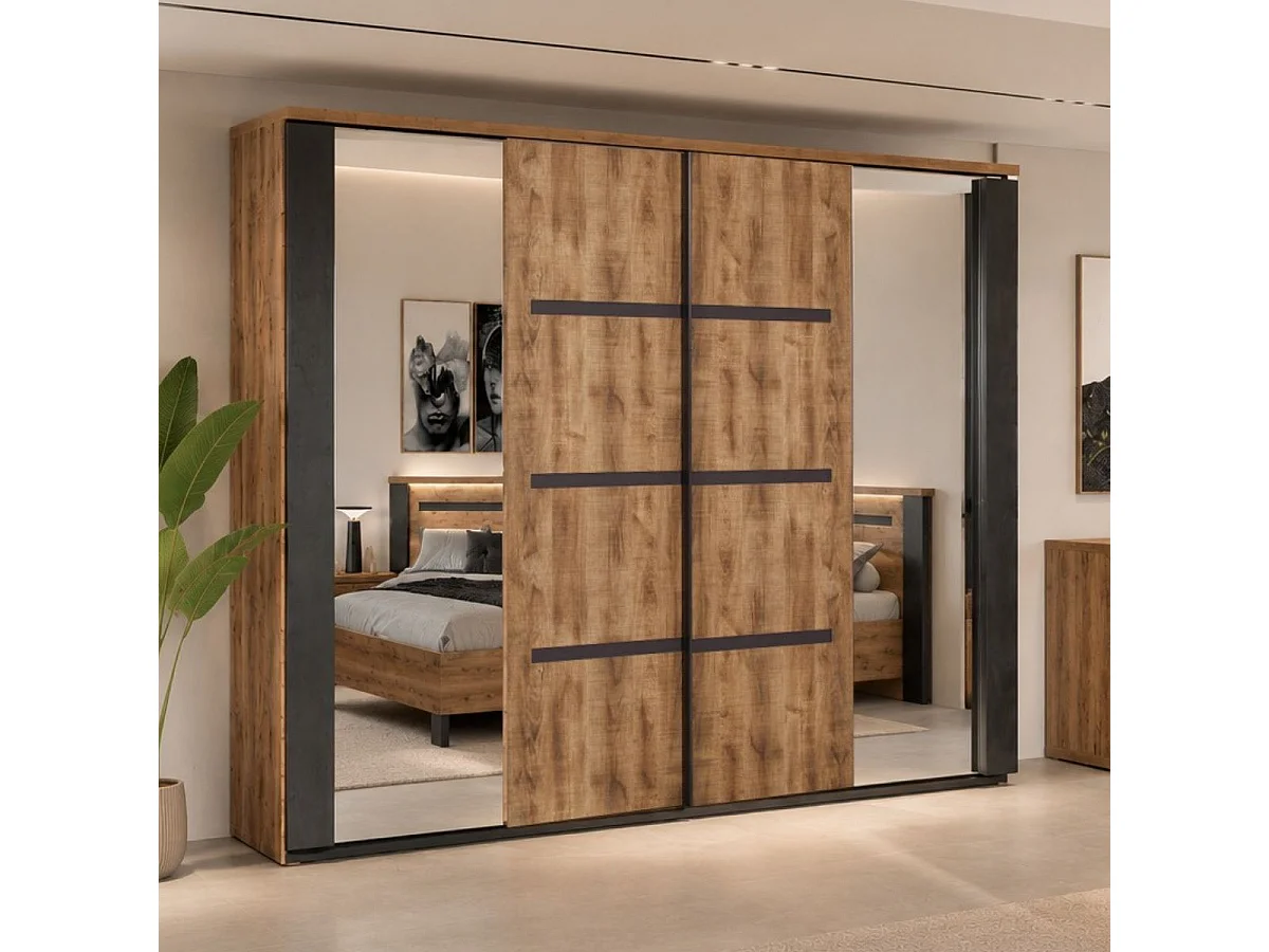 Armoire portes coulissantes 245cm aspect chêne artisan et graphite - ANDES