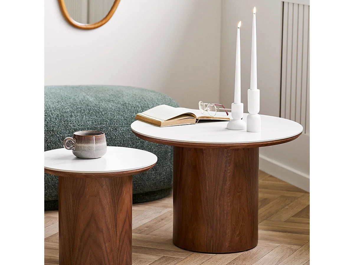 Table basse Ø60cm plateau en céramique aspect marbre pied placage frêne teinté - NELLY