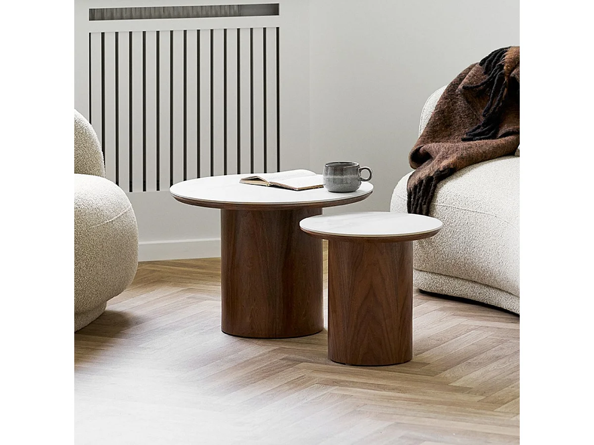 Table basse Ø60cm plateau en céramique aspect marbre pied placage frêne teinté - NELLY