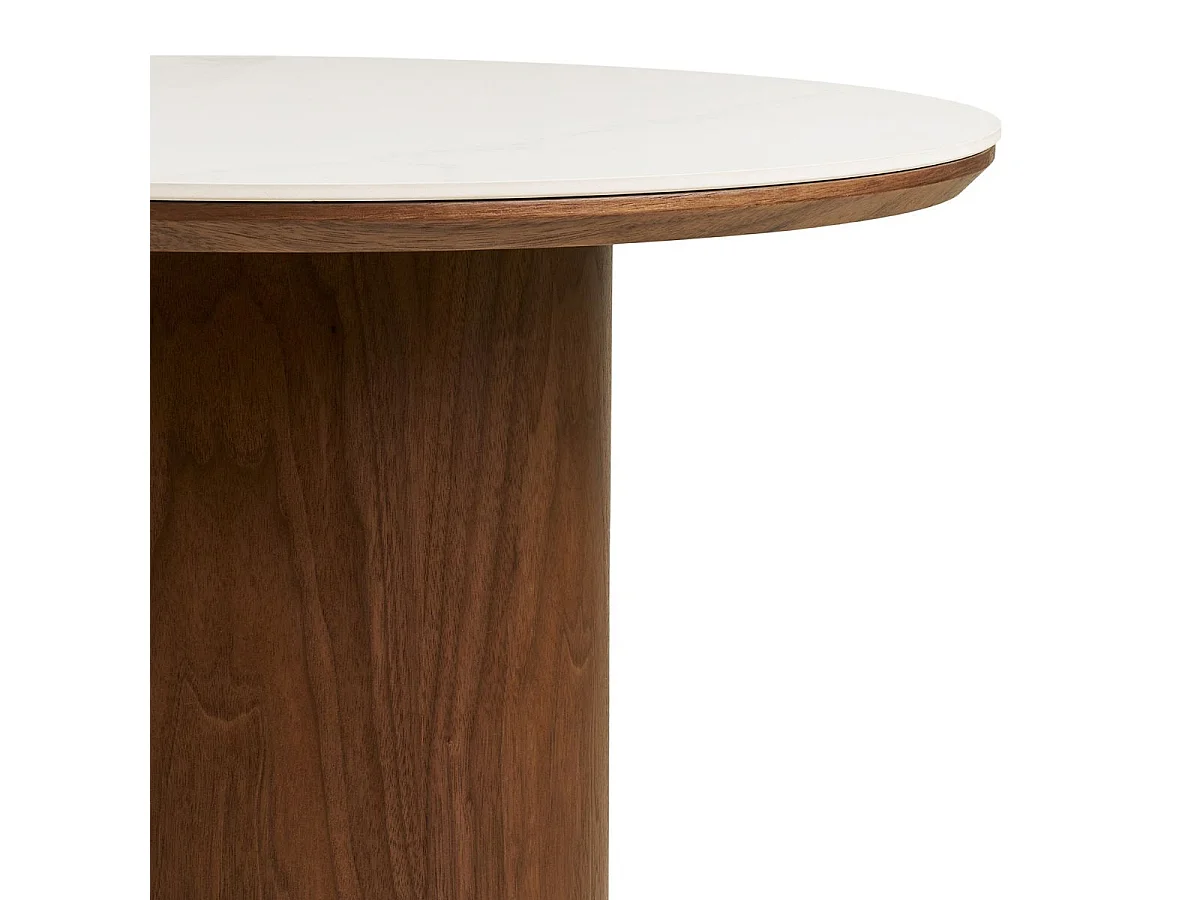 Table basse Ø60cm plateau en céramique aspect marbre pied placage frêne teinté - NELLY