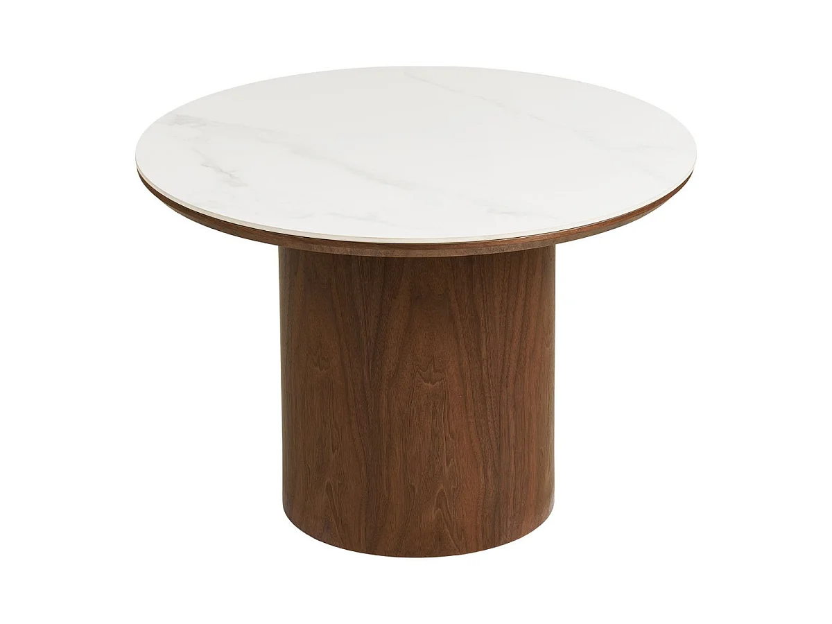 Table basse Ø60cm plateau en céramique aspect marbre pied placage frêne teinté - NELLY