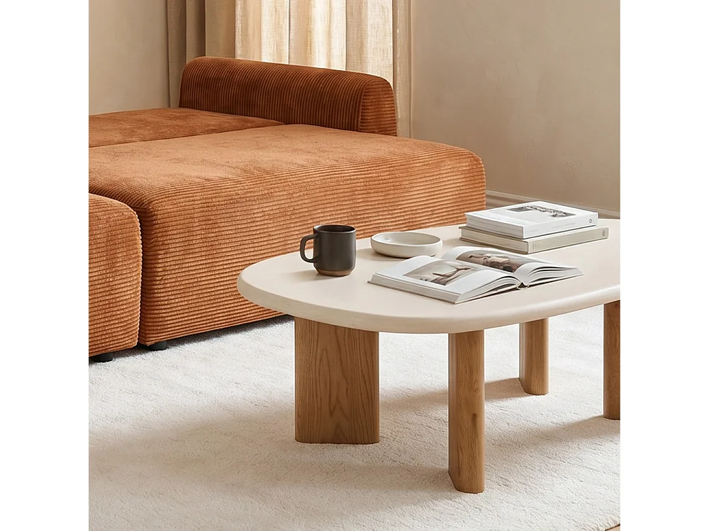 Sylina - Table basse organique effet béton et bois L130cm - Beige