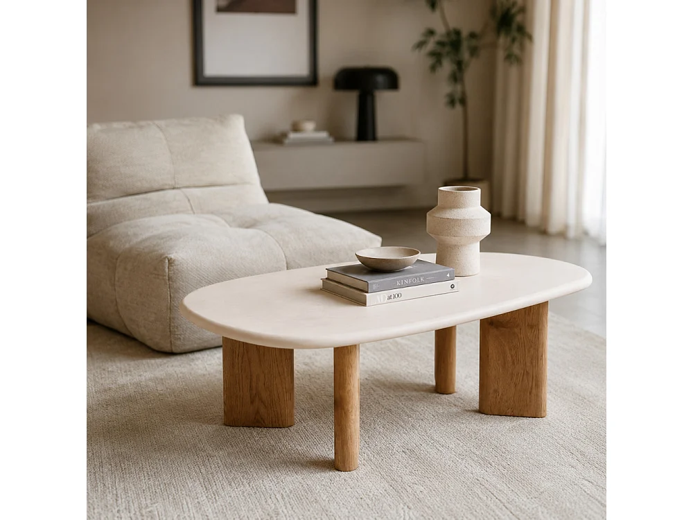 Sylina - Table basse organique effet béton et bois L130cm - Beige