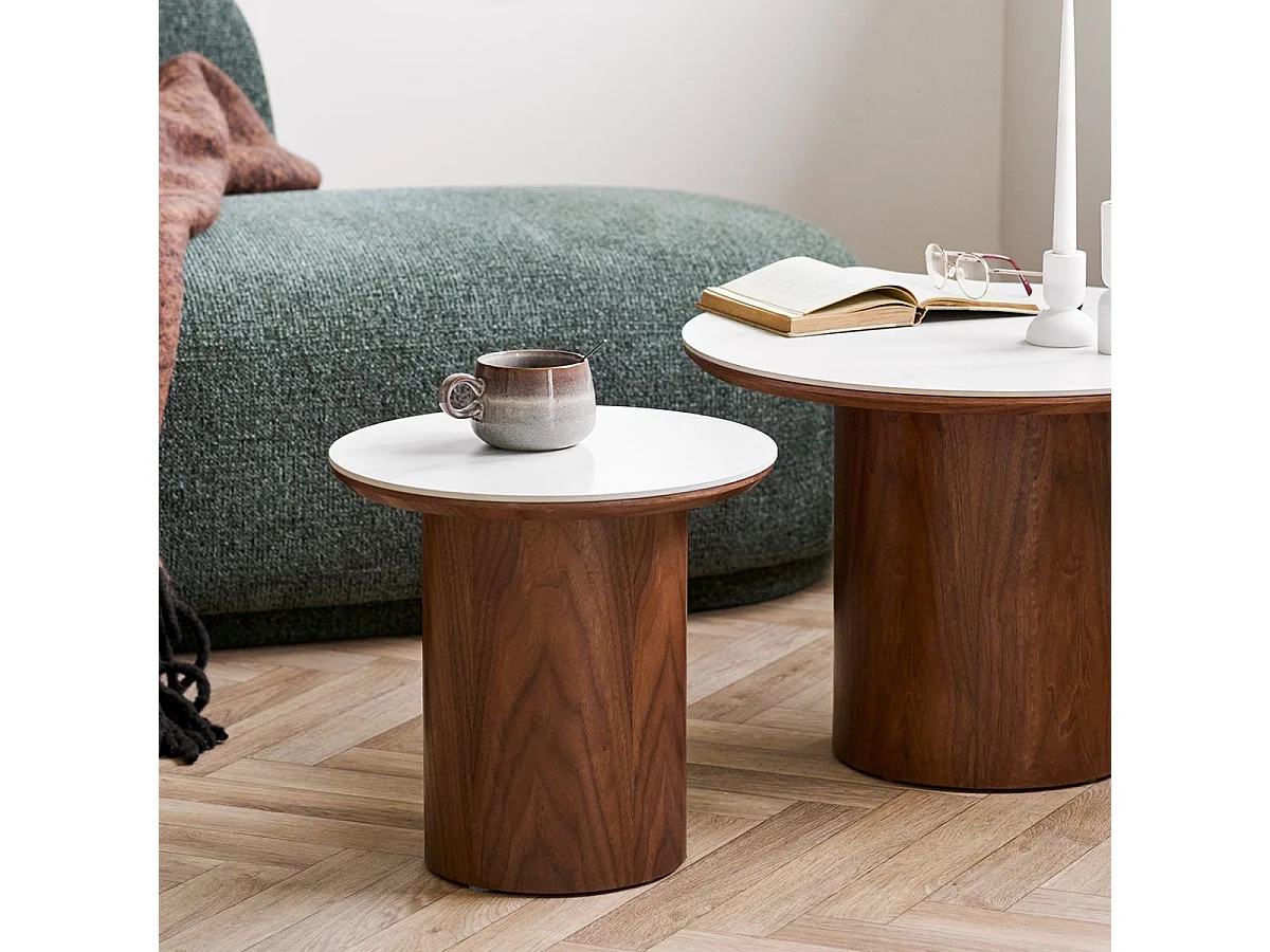 Bout de canapé Ø40cm plateau en céramique aspect marbre pied placage frêne teinté - NELLY
