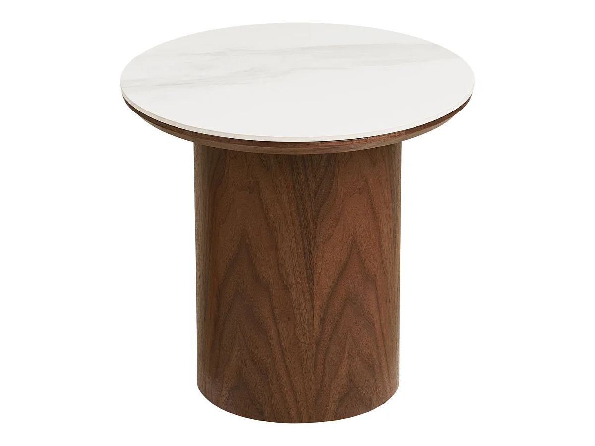Bout de canapé Ø40cm plateau en céramique aspect marbre pied placage frêne teinté - NELLY