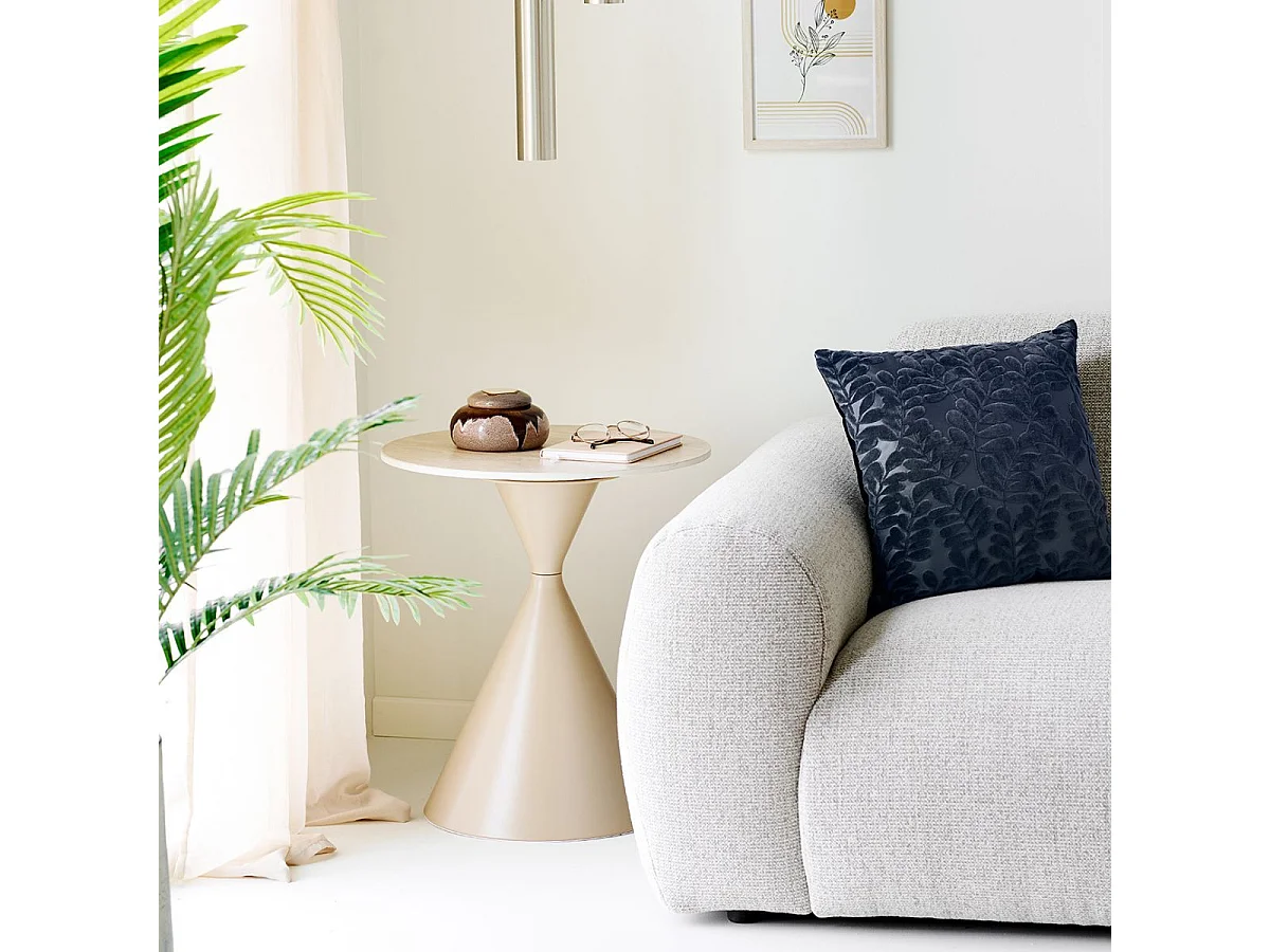 Bout de canapé Ø50cm plateau en céramique aspect travertin pied en métal beige - RIVAGE