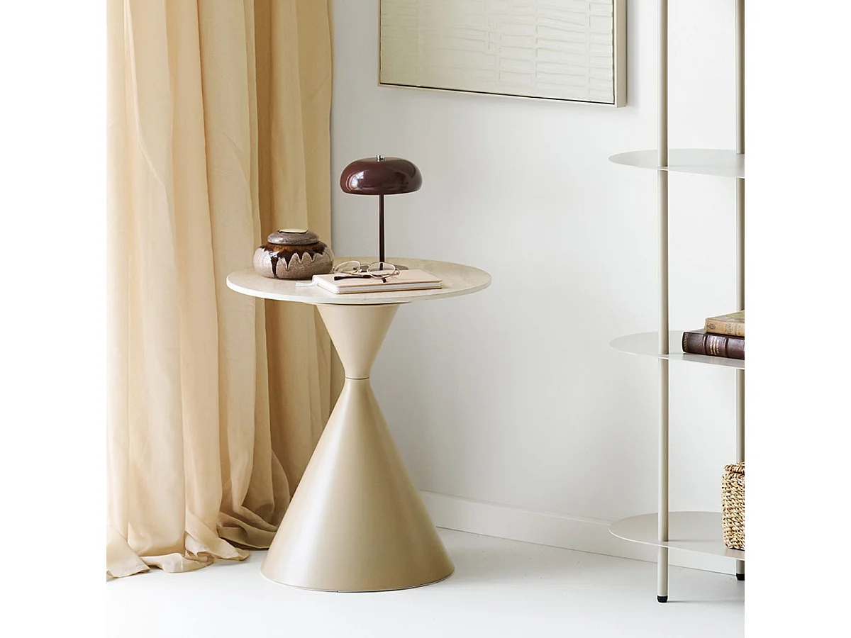 Bout de canapé Ø50cm plateau en céramique aspect travertin pied en métal beige - RIVAGE