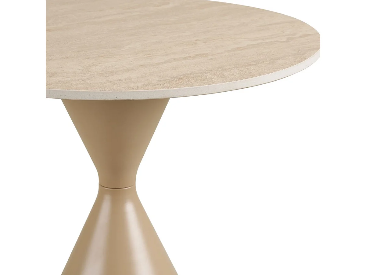 Bout de canapé Ø50cm plateau en céramique aspect travertin pied en métal beige - RIVAGE
