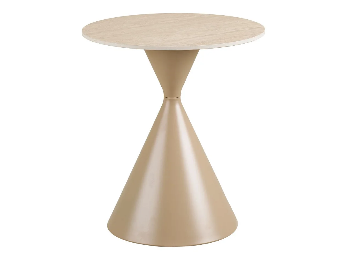 Bout de canapé Ø50cm plateau en céramique aspect travertin pied en métal beige - RIVAGE