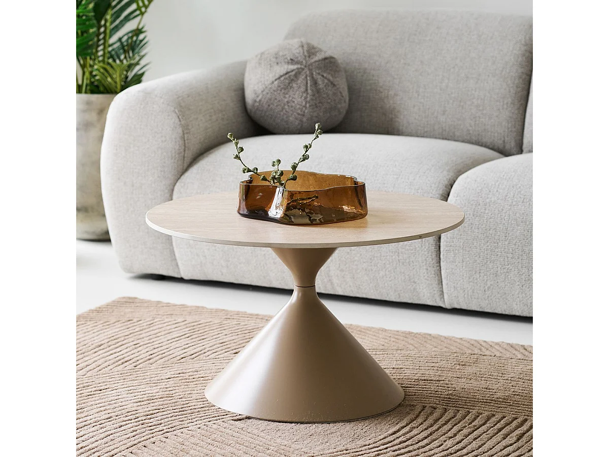 Table basse Ø70cm plateau en céramique aspect travertin pied en métal beige - RIVAGE