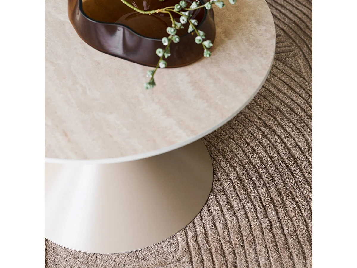 Table basse Ø70cm plateau en céramique aspect travertin pied en métal beige - RIVAGE