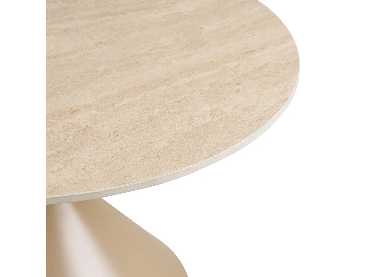 Table basse Ø70cm plateau en céramique aspect travertin pied en métal beige - RIVAGE