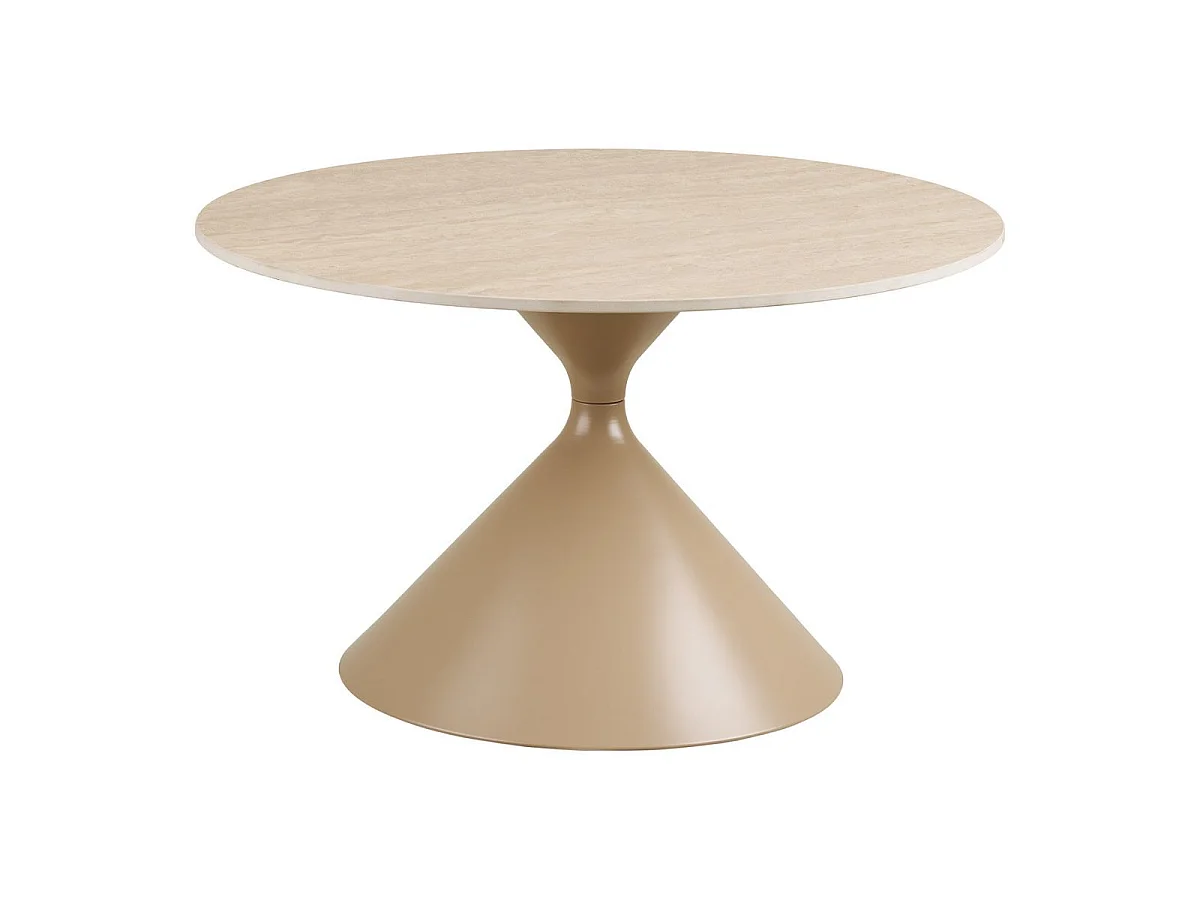 Table basse Ø70cm plateau en céramique aspect travertin pied en métal beige - RIVAGE