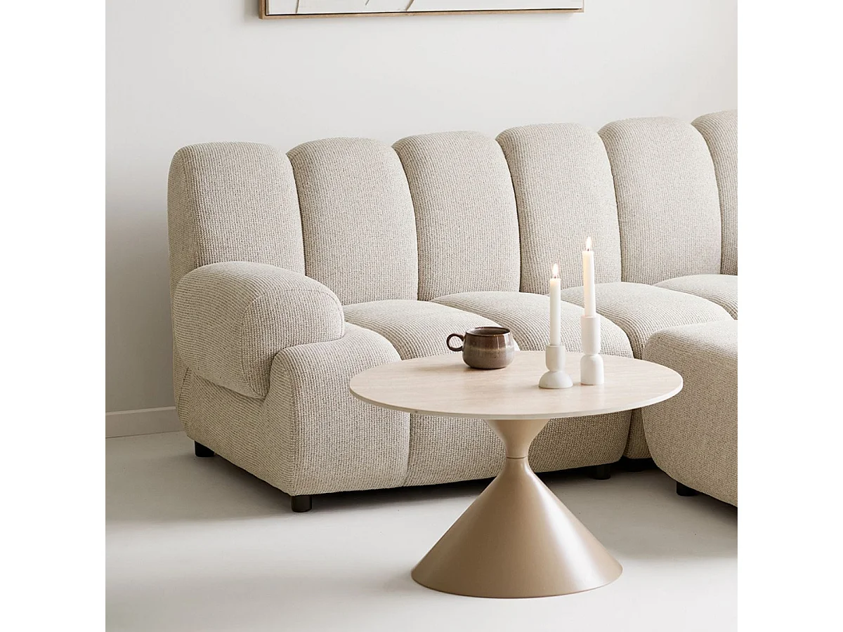 Table basse Ø70cm plateau en céramique aspect travertin pied en métal beige - RIVAGE