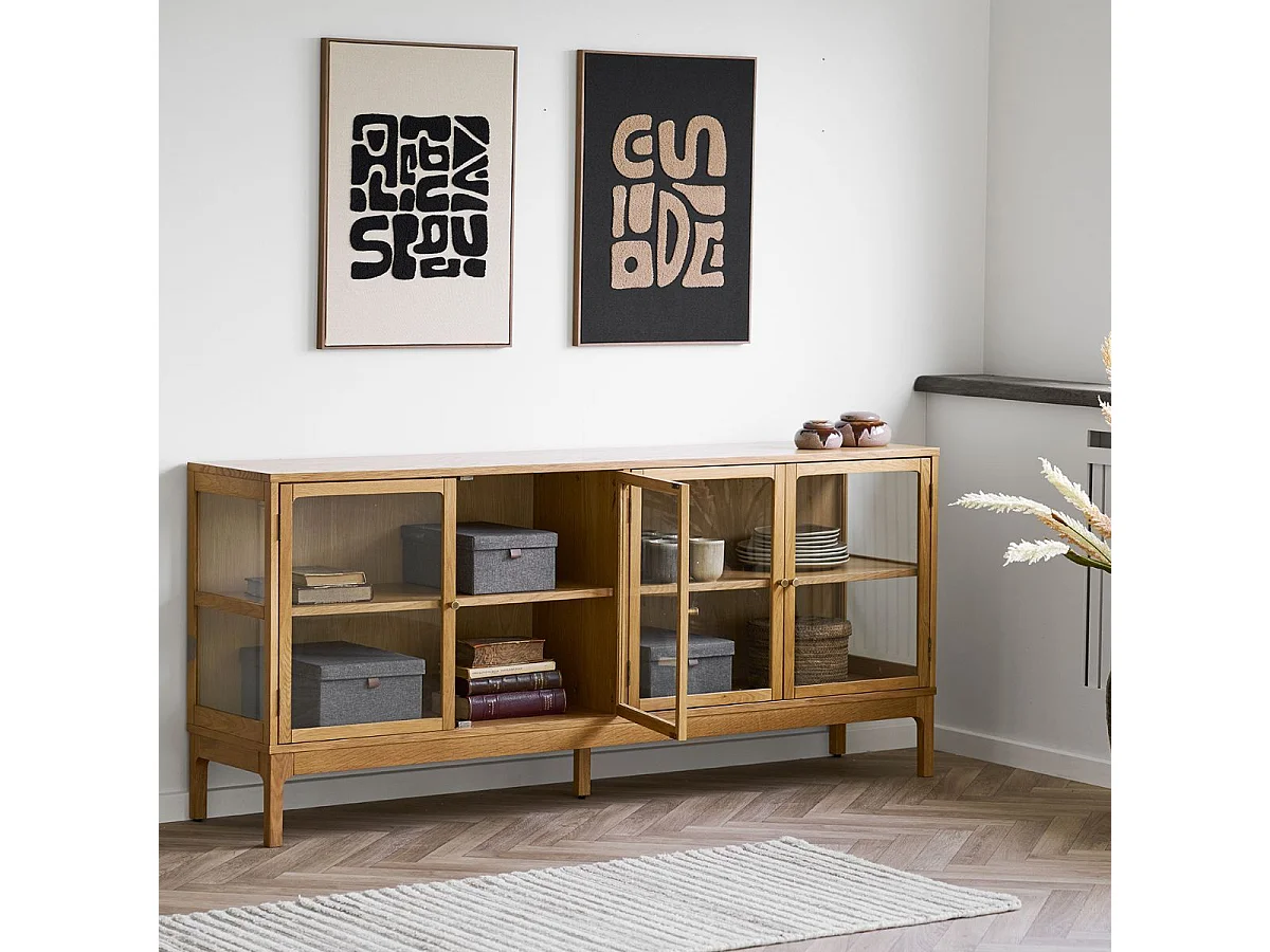 Buffet 4 portes vitrées en chêne et MDF placage chêne - CACERES