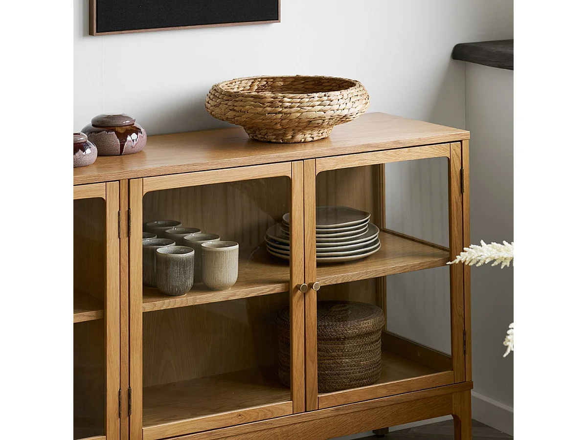 Buffet 4 portes vitrées en chêne et MDF placage chêne - CACERES