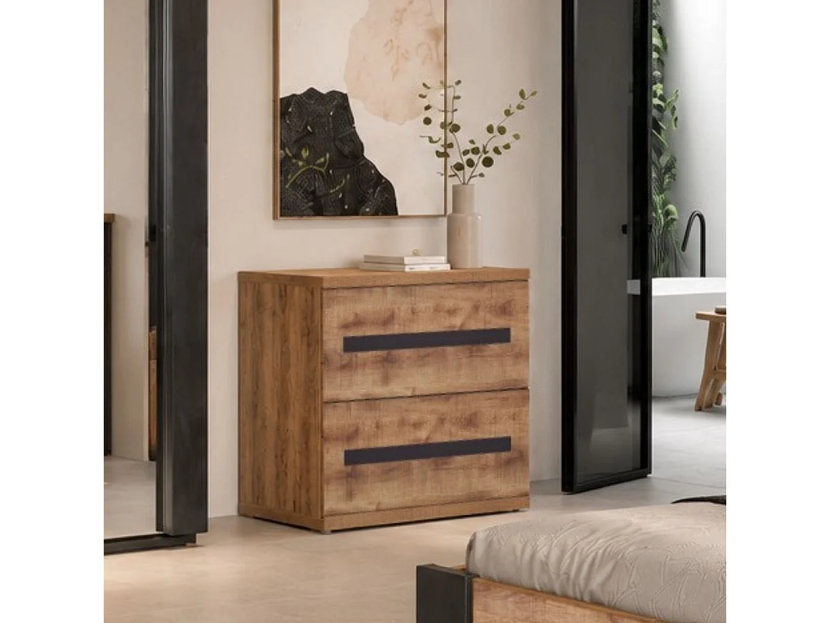 Commode 2 tiroirs aspect chêne artisan et graphite - ANDES