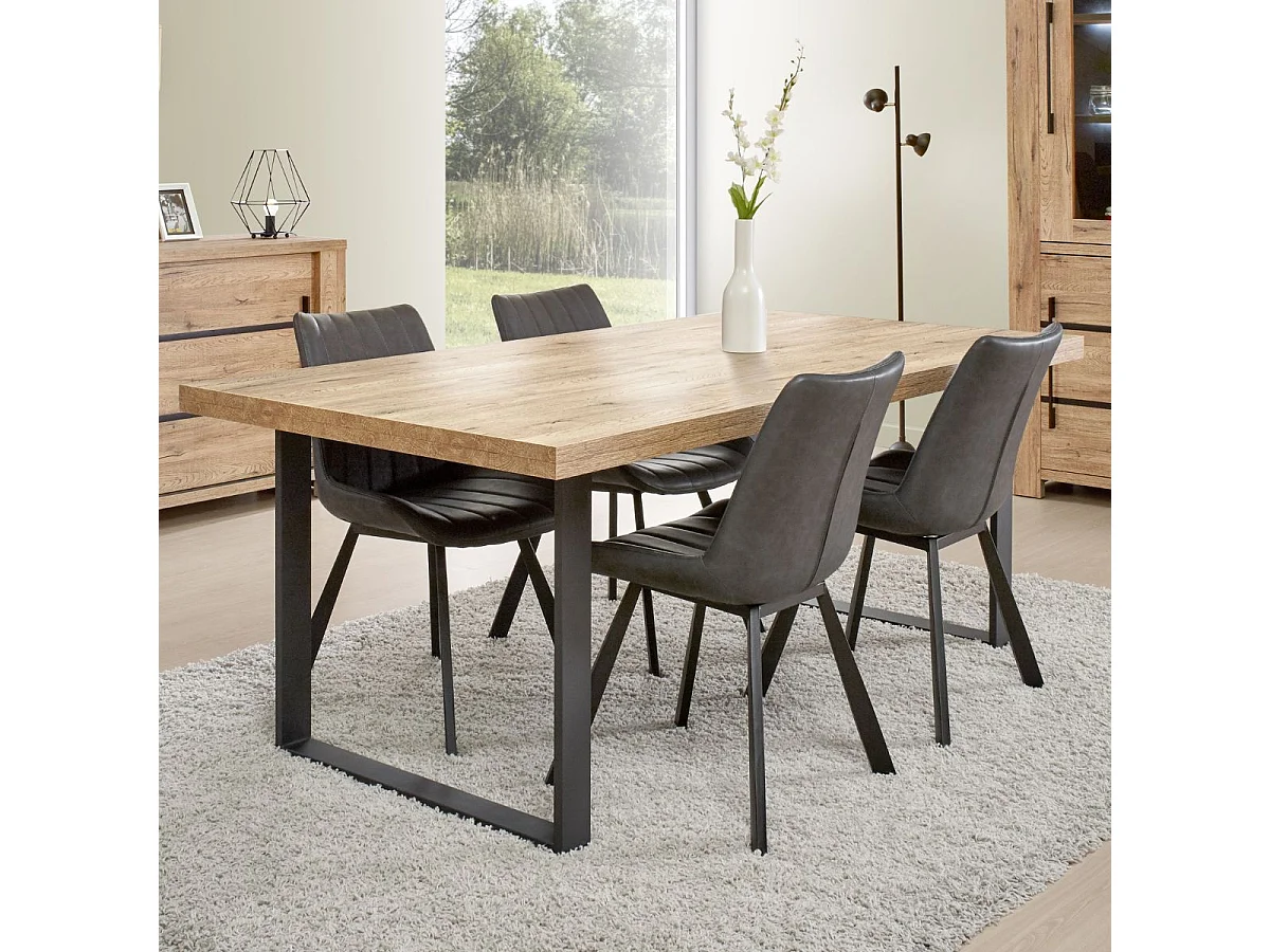 Table 170cm aspect chêne naturel piètement U métal poudré noir - CARVIK