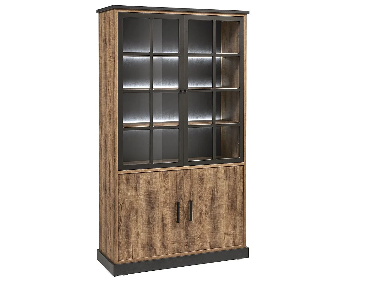 Vitrine 4 portes aspect chêne artisan et noir graphite + éclairage - URBAL