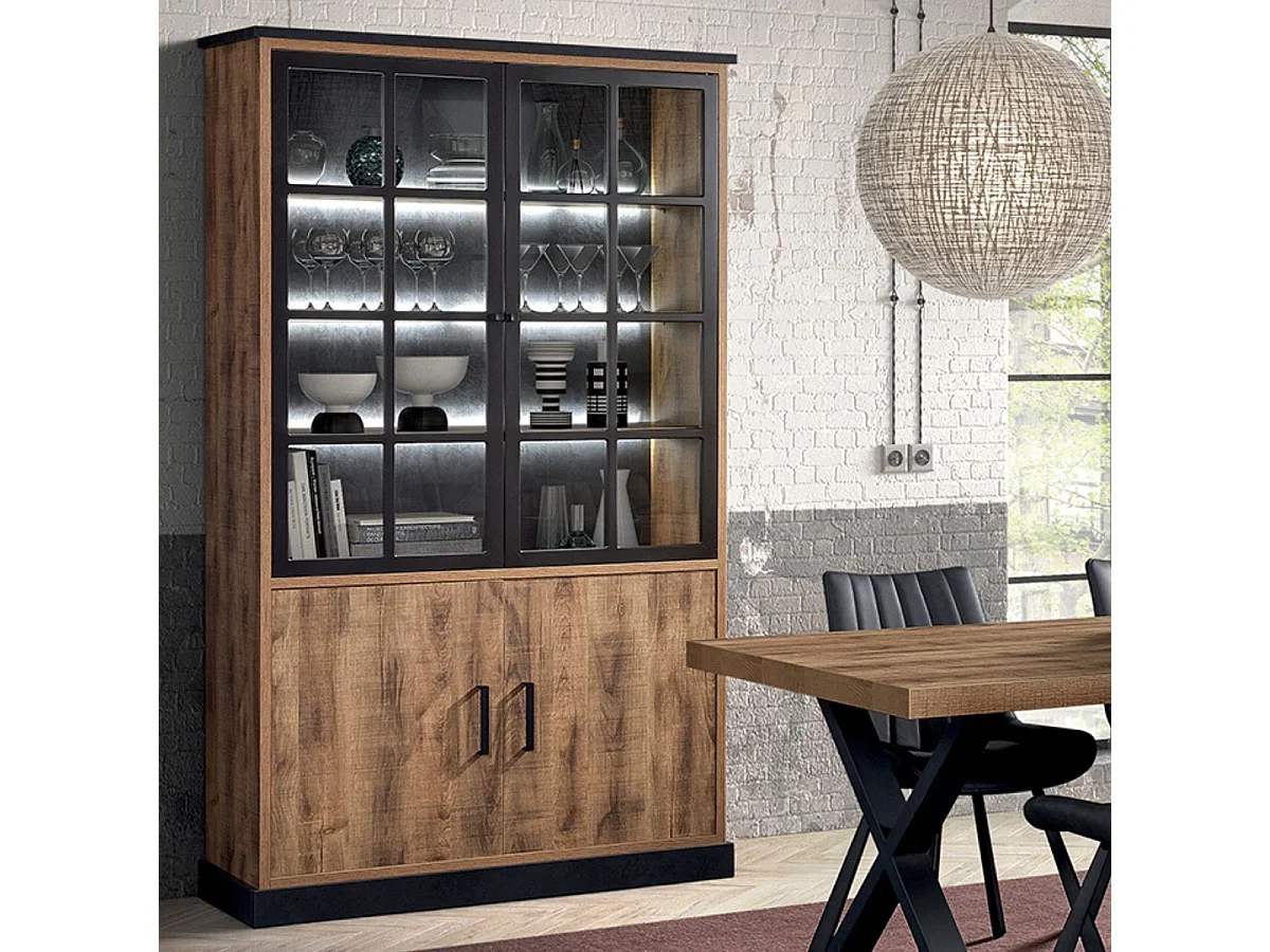 Vitrine 4 portes aspect chêne artisan et noir graphite + éclairage - URBAL