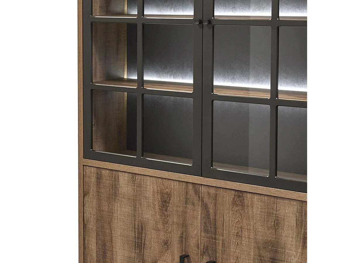 Vitrine 4 portes aspect chêne artisan et noir graphite + éclairage - URBAL