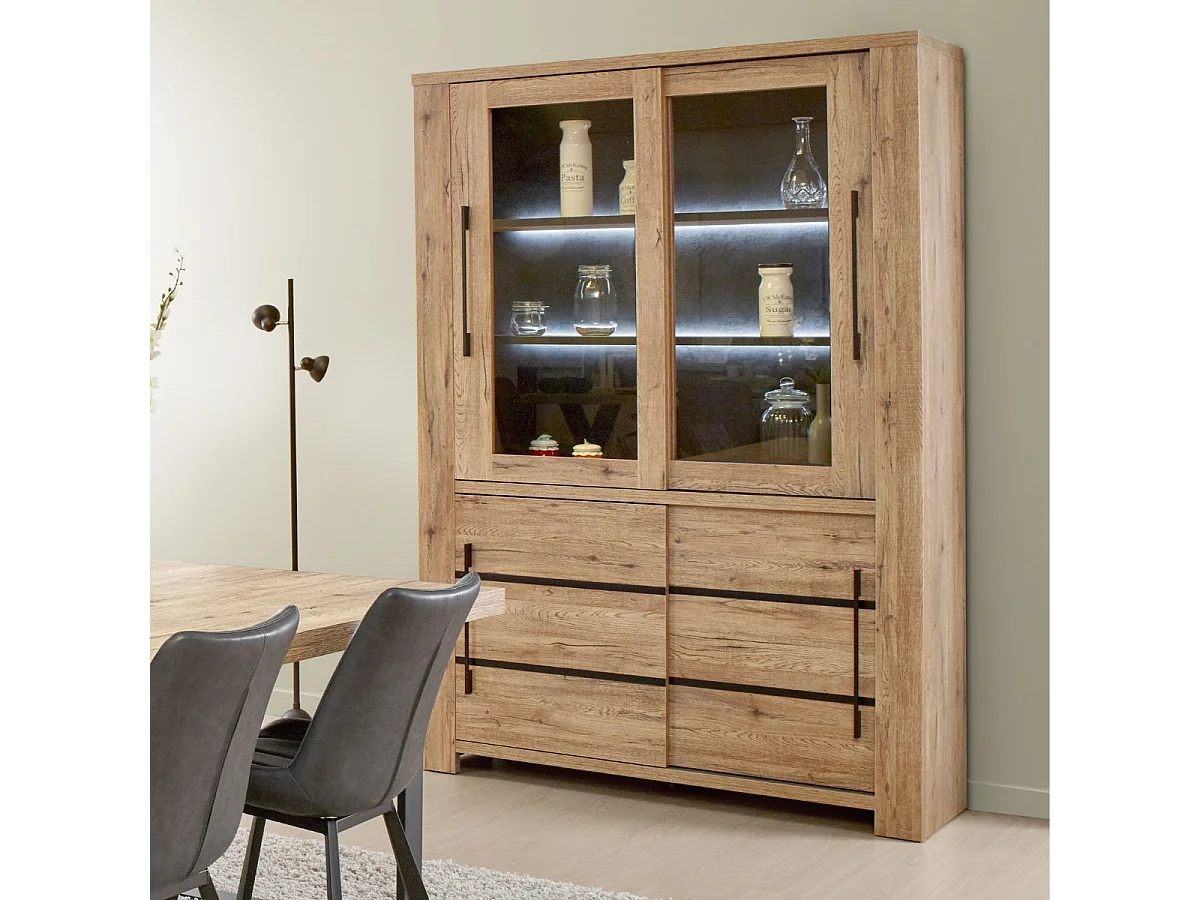 Vitrine 4 Portes aspect chêne naturel et noir mat + éclairage led  - CARVIK