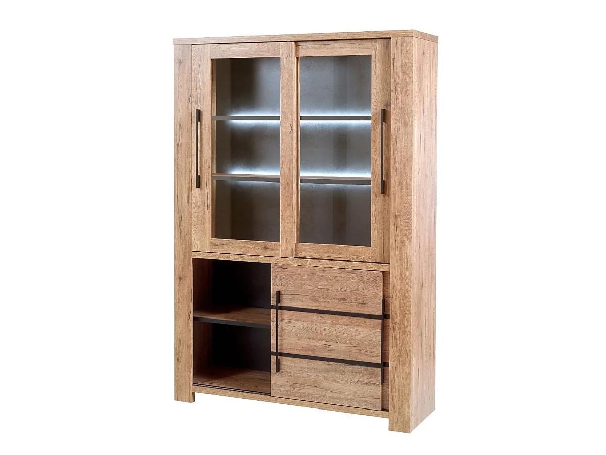 Vitrine 4 Portes aspect chêne naturel et noir mat + éclairage led  - CARVIK