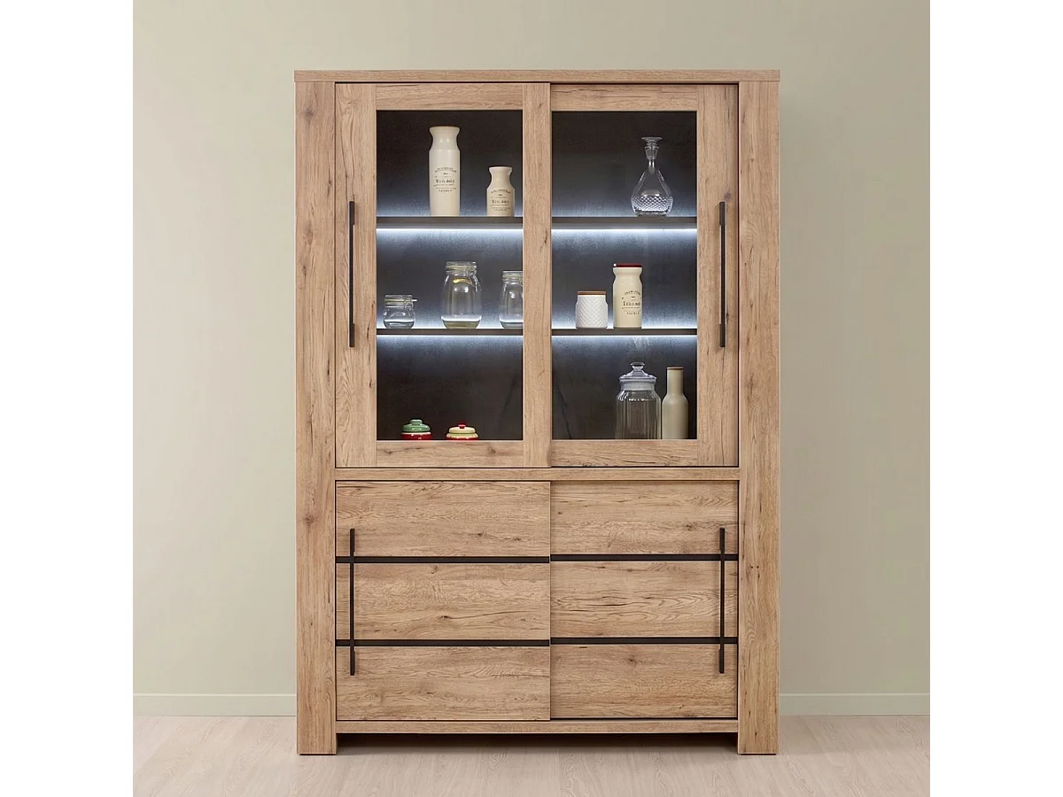 Vitrine 4 Portes aspect chêne naturel et noir mat + éclairage led  - CARVIK