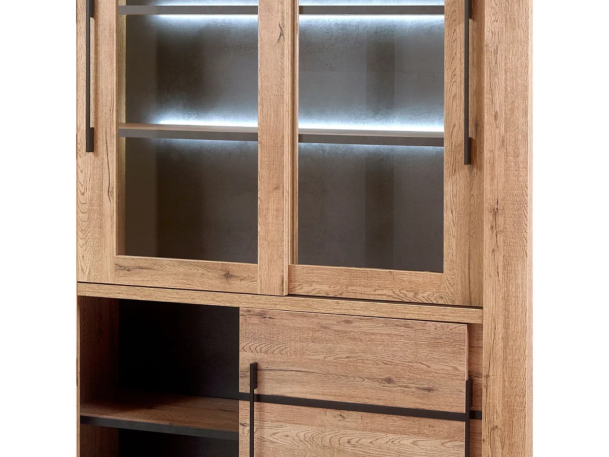 Vitrine 4 Portes aspect chêne naturel et noir mat + éclairage led  - CARVIK
